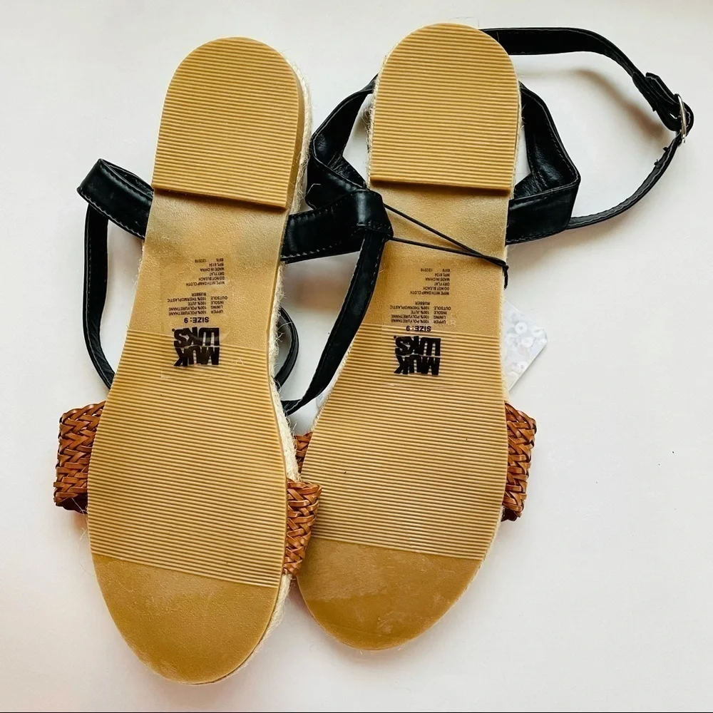 🎯3/$10 Muk Luks Espadrille Bottom Flat Sandals Black Medium Brown 9 NWT